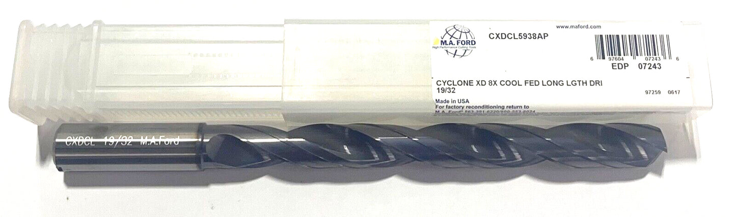 M.A. Ford 19/32 Solid Carbide Drill 8xD Coolant Thru Long Length Altima Plus 2FL