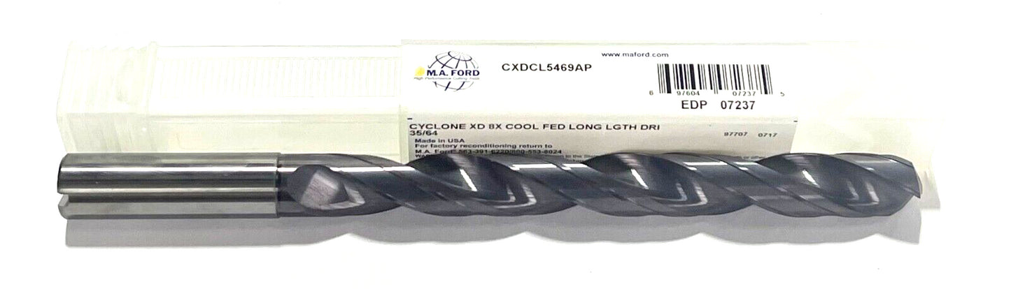 M.A. Ford 35/64" Solid Carbide Drill 8xD Coolant Fed Long Length Altima Plus