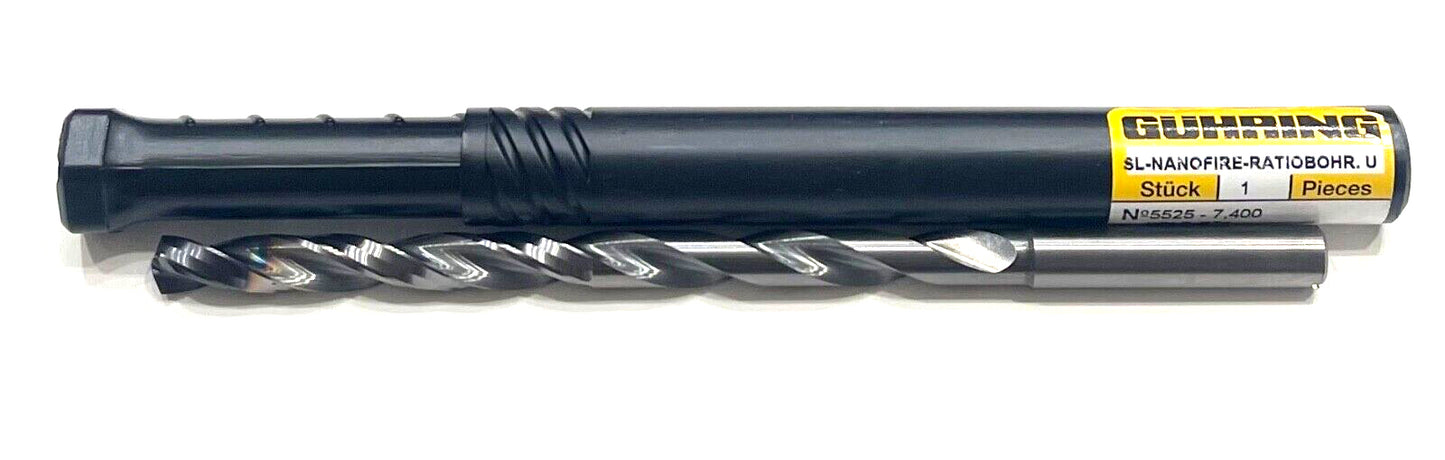 GUHRING 7.4mm Solid Carbide Drill 12xD nano-FIREX Coating Coolant Thru