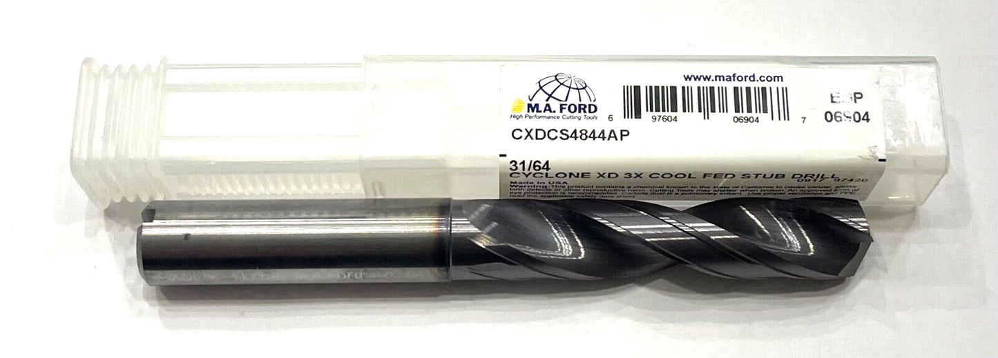 M.A. Ford 31/64" Solid Carbide Drill 3xD Altima Plus Coating 2 Flute USA 06904
