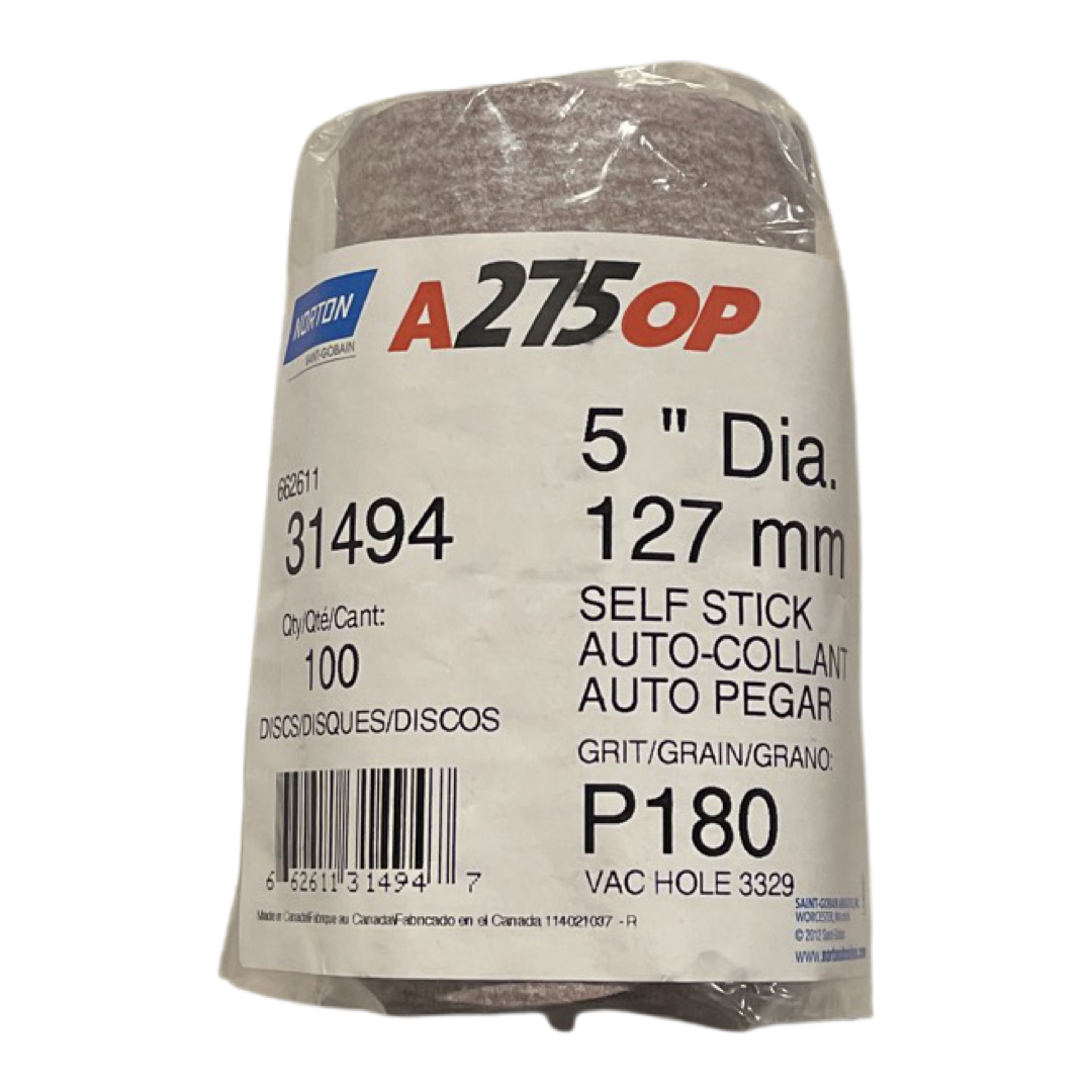 Norton 5″ × 1/4″ OP A275 No-Fil Paper PSA Vacuum Disc Roll 180 Grit AO 100 Pack