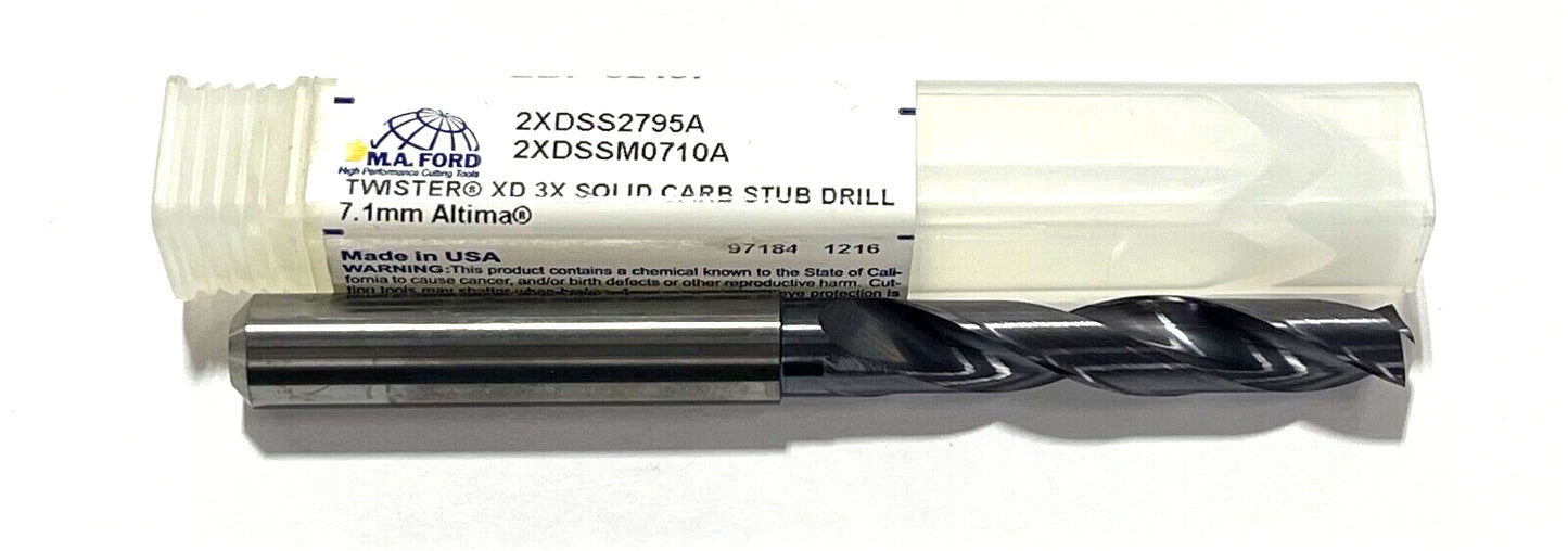 M.A Ford 7.1mm Solid Carbide Drill Twister XD 3X ALtima Coating 2 Flute USA Made
