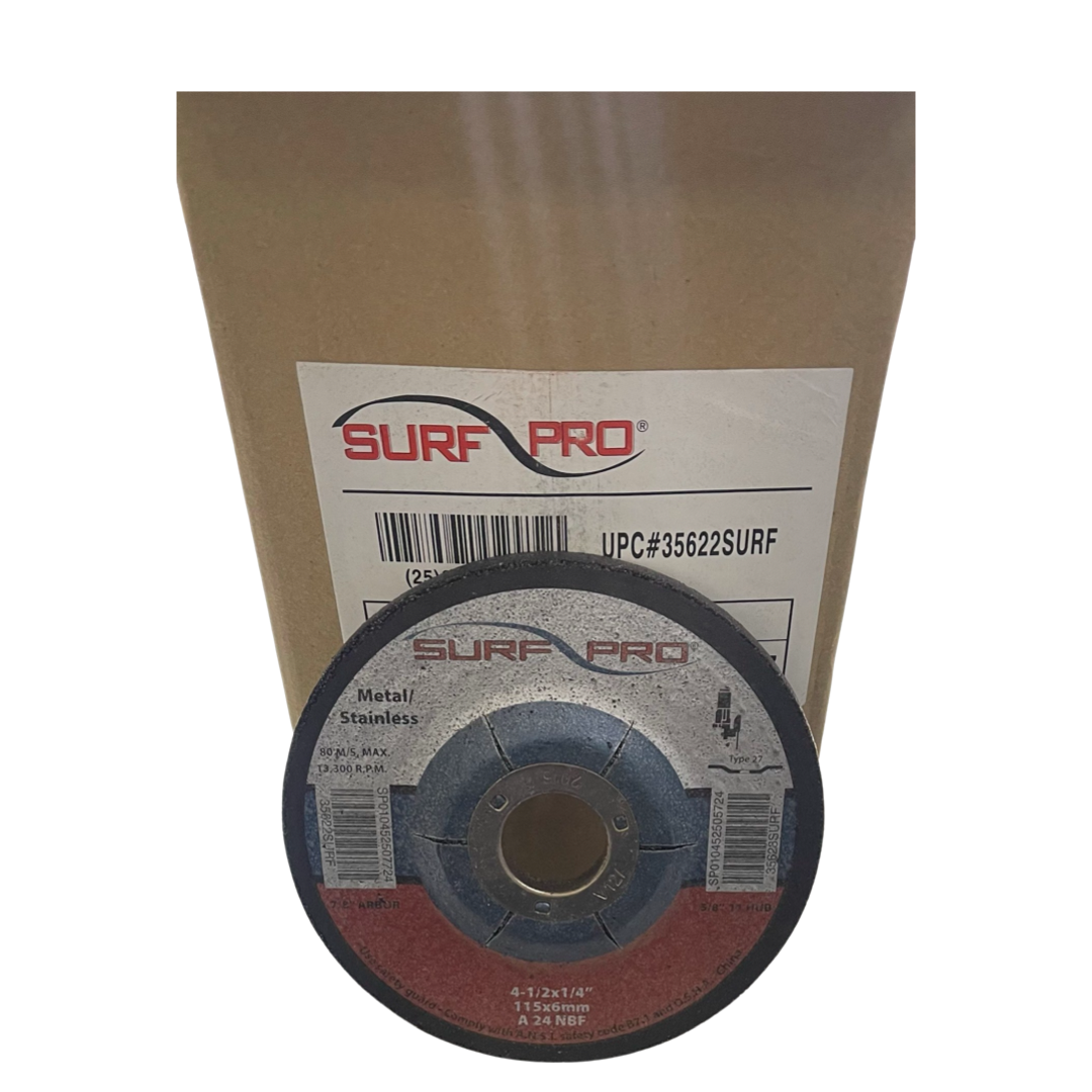 Surf-Pro 4-1/2" x 1/4" x 7/8" Grinding Wheel Metal/Stainless 24 Grit A/O 25 Pack