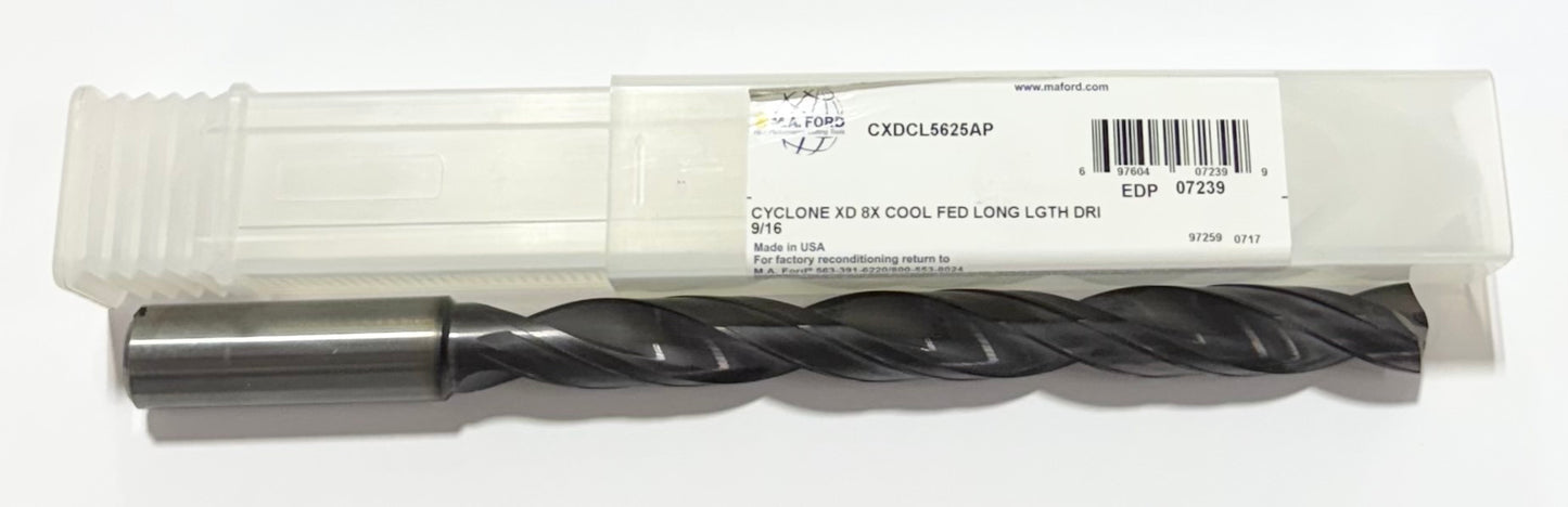 M.A. Ford 9/16" Solid Carbide Drill 8xD Coolant Fed Double Margin Altima Plus