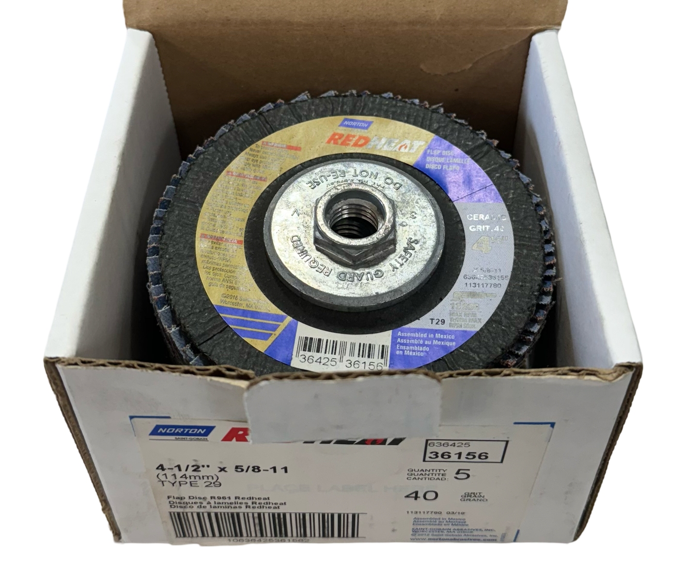 Norton RED HEAT 4-1/2" x 5/8-11 Flap Disc Type 29 Conical 40 Grit 5 Pack