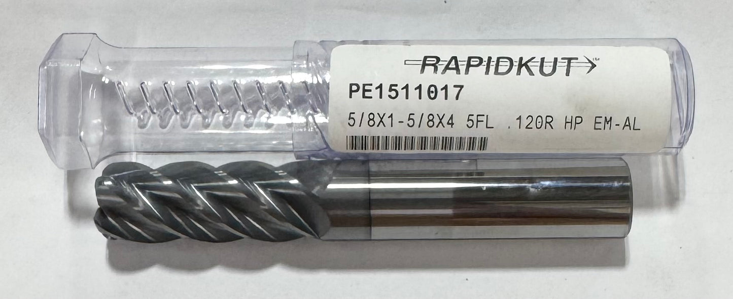 RapidKut 5/8" Carbide End Mill 5 Flute .0120" Radius AlCrN Coated