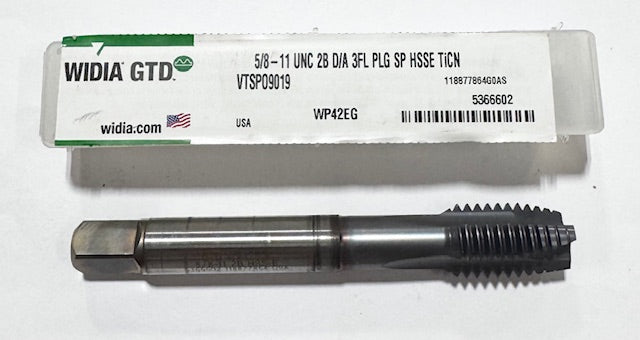 Widia 5/8"-11UNC 2B HSSE Spiral Point Plug Tap TiCN 3 Flute