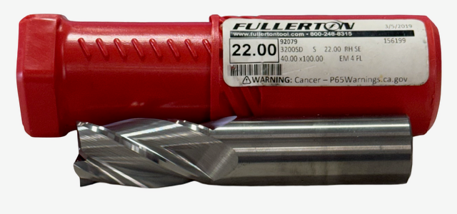 Fullerton 22mm Carbide End Mill 4 Flute USA Made 92079