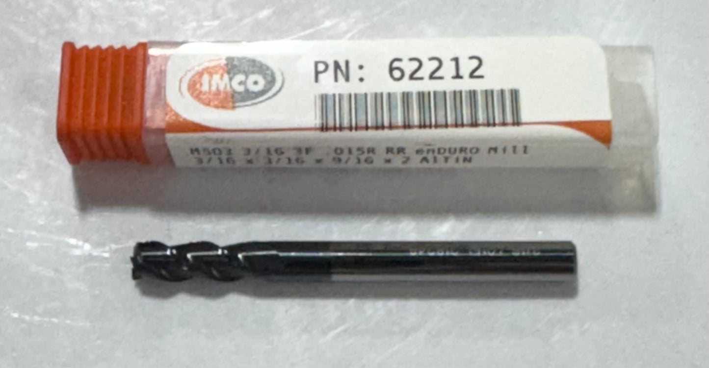 Imco 3/16" Carbide End Mill 3 Flute .015" Radius AlTiN Coated enDURO Mill