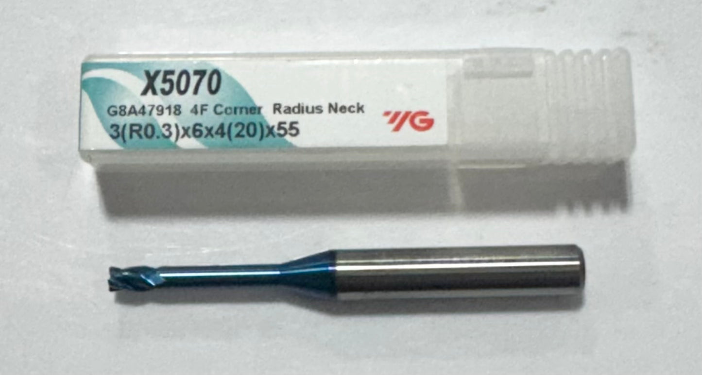YG 3mm Carbide End Mill 4 Flute Necked 0.3mm Radius Blue Coated