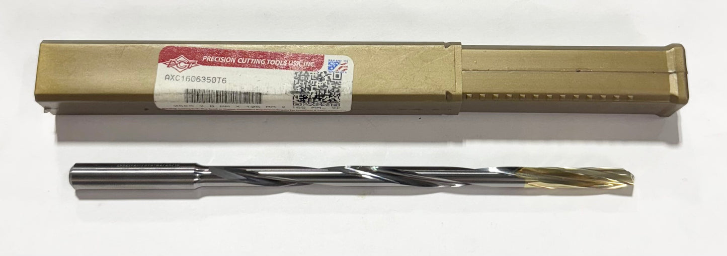 PCT 1/4" Solid Carbide Drill 16xD Coolant Thru Z-Power Coated 2 Flute 135 Deg