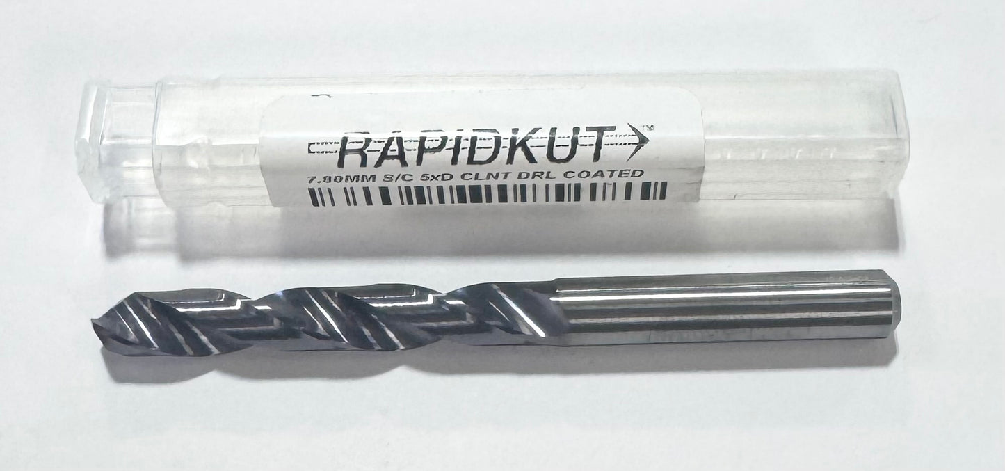 RapidKut 7.8mm Solid Carbide Drill 5xD TiAlN Coated 2 Flute Coolant Thru