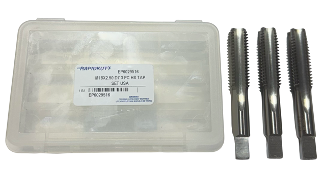 RapidKut M18 x 2.50mm HSS Tap Set 4 Flute D7 Plug Bottoming Taper