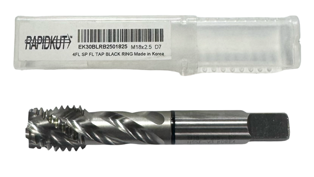 RapidKut M18 x 2.5mm Spiral Flute Semi-Bottoming Tap 4 Flute Black Ring D7