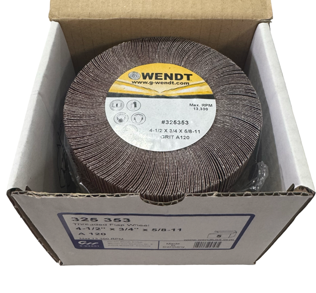 Wendt 4-1/2" x 3/4" x 5/8-11 Threaded Flap Wheel 120 Grit Aluminum Oxide 5 Pack