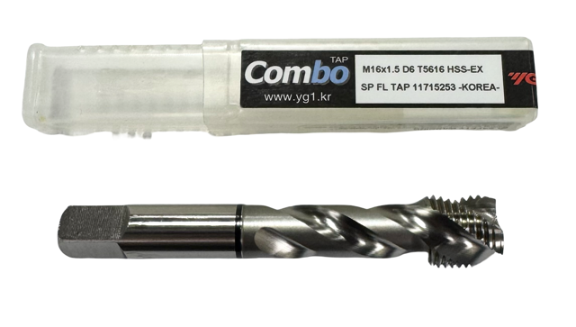 YG M16 x 1.5mm HSS-Ex Spiral Flute Tap, Modified Bottoming, 3FL, D6, Black-Ring