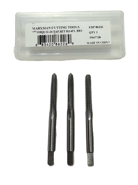 Marxman 12-24 HSS Hand Tap Set, 4 Flute, H3, Plug Bottoming Taper