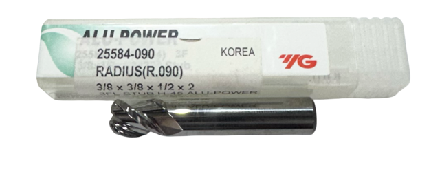 YG 3/8" Carbide End Mill 3 Flute Stub Length .090" Radius 45° Helix ALU-POWER