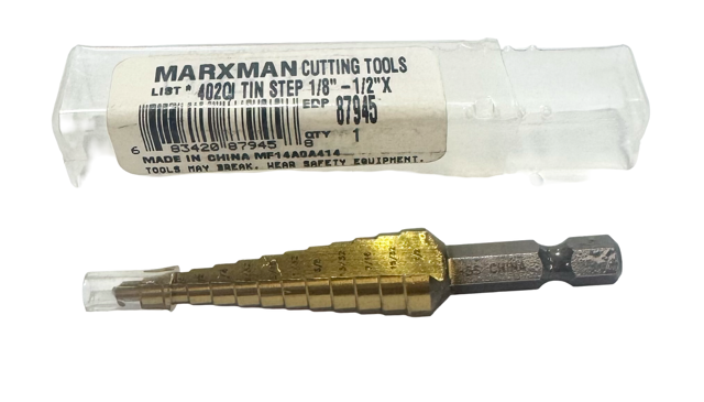 Marxman 1/8" to 1/2" HSS Step Drill Tin Coated 1/4" Quick Change Hex Shank