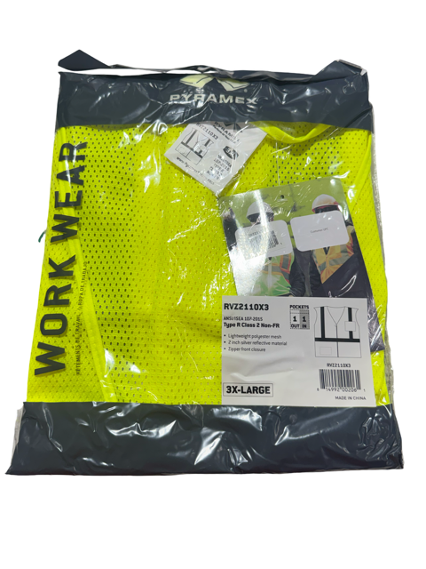 Pyramex Hi-Vis Lime Safety Vest, Polyester Mesh, R2, Non-FR, Size 3XL