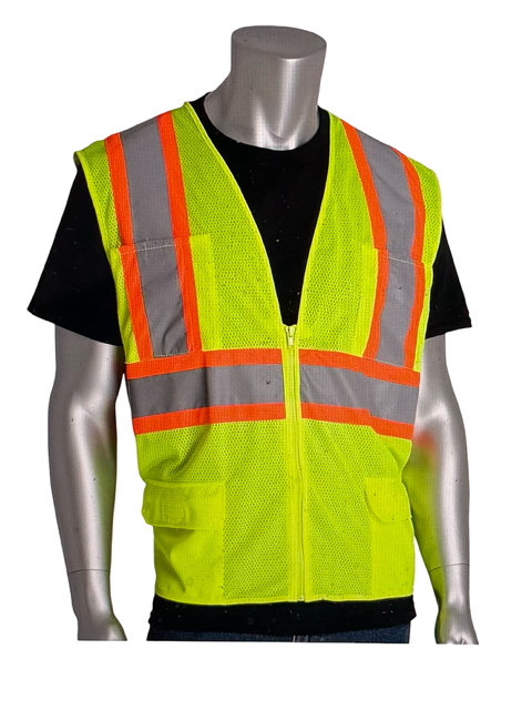 PIP Hi-Vis Two Tone Value Mesh R2 Safety Vest, 6 Pockets, Zipper Closure, Size XL