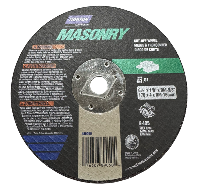 Norton 6-1/2" x 1/8" x 5/8" Masonry Cut-Off Wheel Type 1
