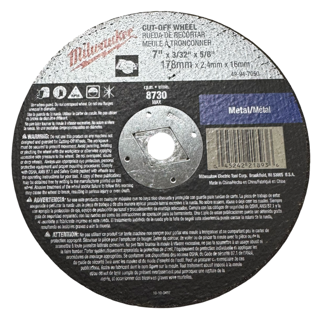 Milwaukee 7" x 3/32" x 5/8" Metal Cut-Off Wheel 49-94-7050