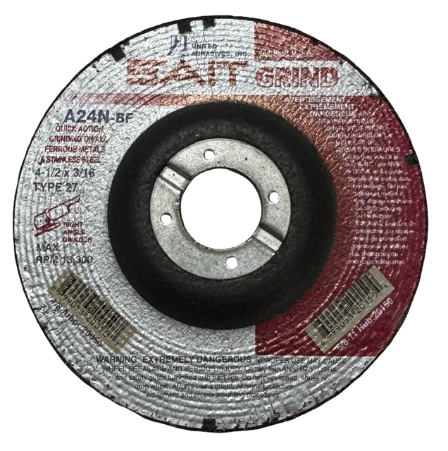 SAIT 4-1/2" x 3/16" x 7/8" Depressed Center Metal Grinding Wheel A24N-BF USA Made