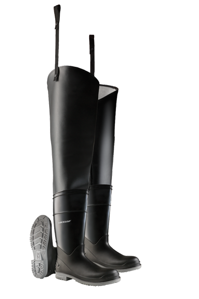 Dunlop Hip/Thigh Wader Steel Toe Boots, Black/Grey, Size 7, USA Made