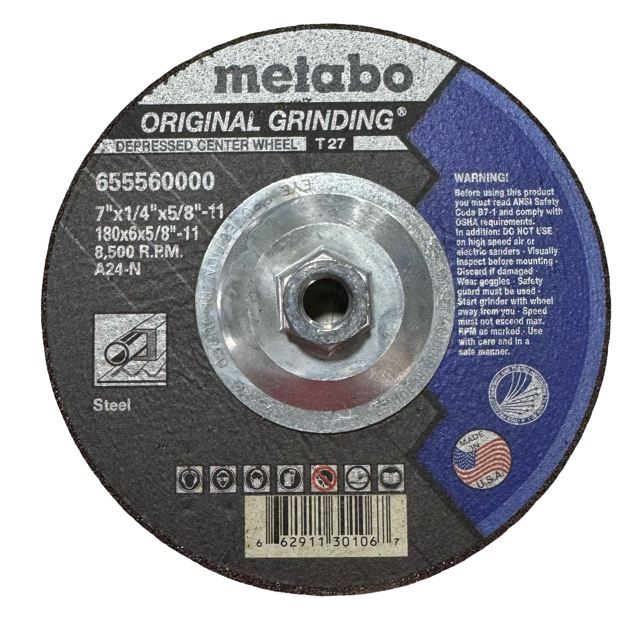 Metabo 7" x 1/4" x 5/8-11 Depressed Center Metal Grinding Wheel A24-N USA Made