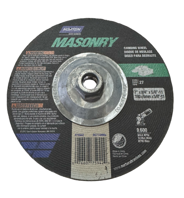 Norton 7" x 1/4" x 5/8-11 Masonry Grinding Wheel Type 27