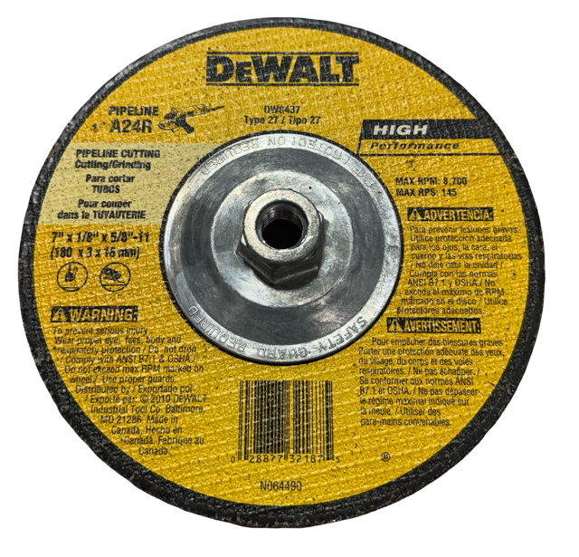 DEWALT 7" x 1/8" x 5/8-11 High Performance Pipeline Cutting Grinding Wheel A24R