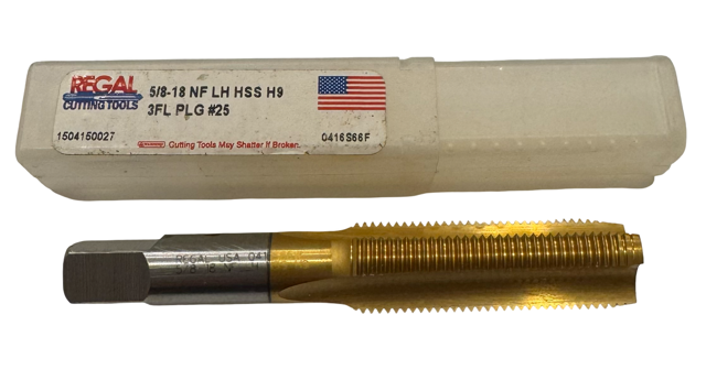 Regal 5/8"-18 HSS Straight Flute Tap - Left Hand - Tin Coated Plug Tap - 3 Flute - H9 USA Made