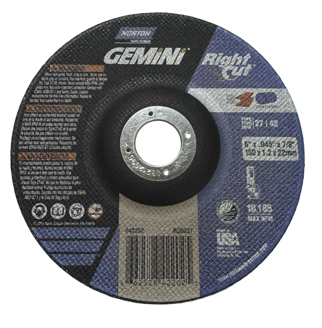 Norton Gemini 6" x .045" x 7/8" Metal Cut-Off Wheel T27 USA Made
