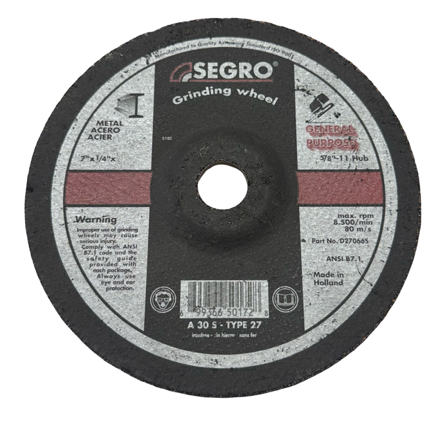Segro 7" x 1/4" x 7/8" Metal Grinding Wheel A30S Type 27
