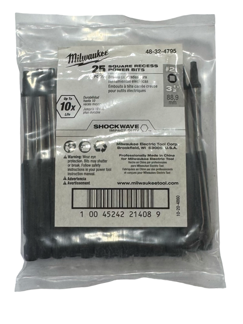 Milwaukee Shockwave #2 Square Recess Power Bits 3-1/2" Impact Insert Bits 25 Pack