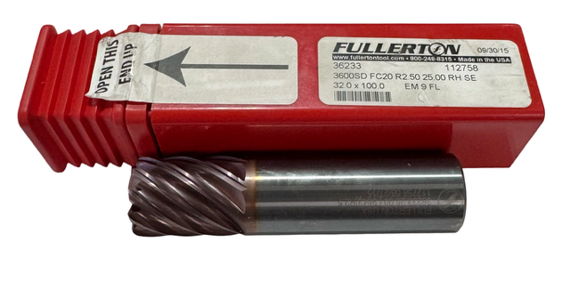 Fullerton 32mm Carbide End Mill 9FL 2.5mm Radius FC20 Coating Variable Helix USA