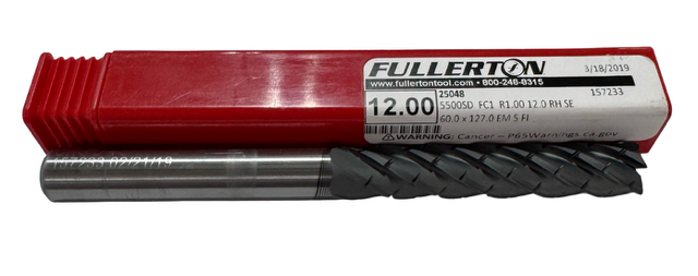 Fullerton 12mm Carbide End Mill Long Length 5FL 1mm Radius FC1 5500 Matrix USA