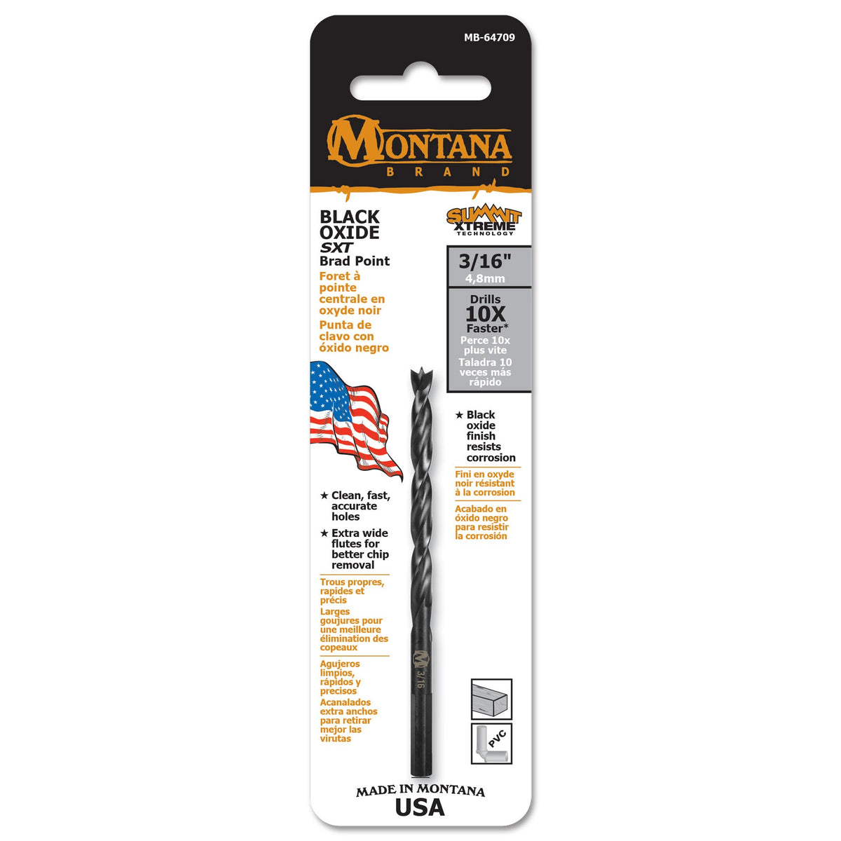 Montana 3/16" HSS Brad Point Drill Bit Black Oxide USA Made