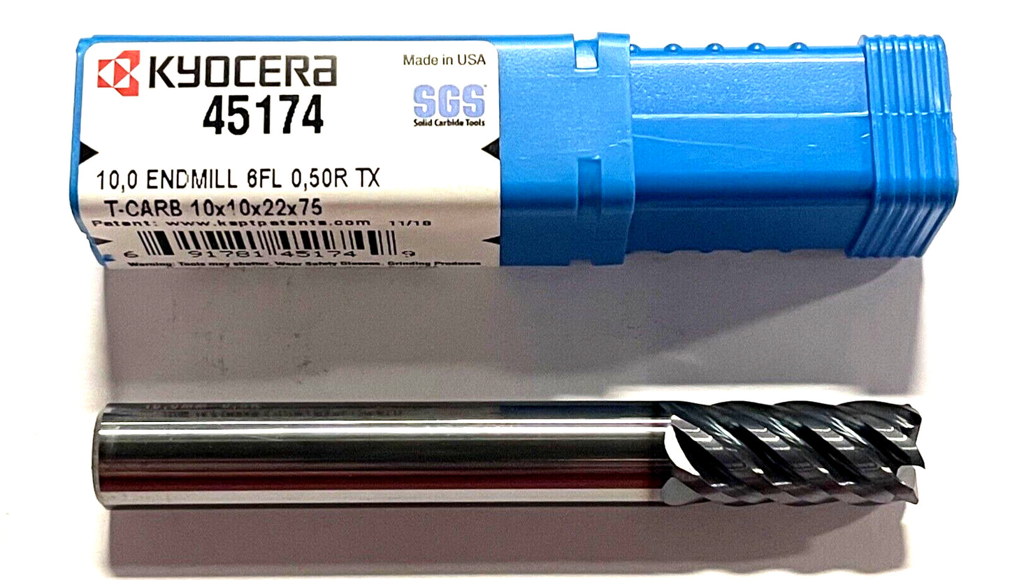 KYOCERA 10mm Carbide End Mill TX Coating 6 Flute 41° Helix Corner Radius USA