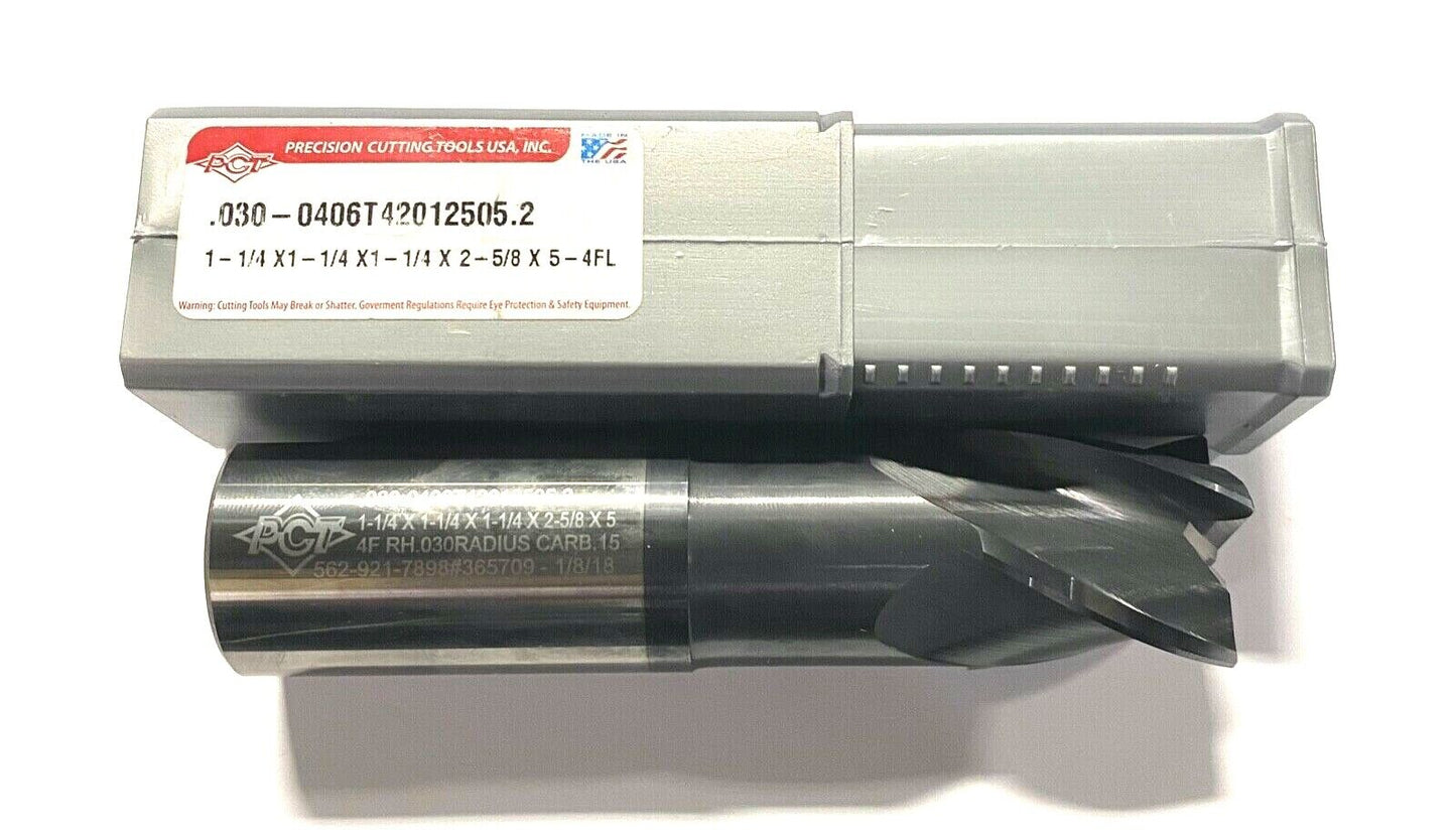 PCT 1-1/4" Carbide End Mill .030 Radius PVD Coated Extended Neck 4 Flute USA