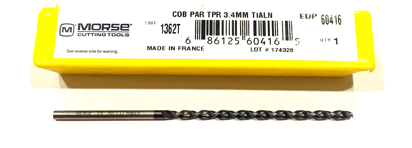 Morse 3.4mm Cobalt Drill Bit 7xD TiAlN Coated Taper Length Drill Parabolic Flute