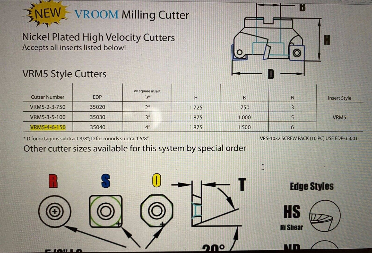 VR Wesson 4" Indexable Milling Cutter VRM5 Style High Velocity Vroom Cutter USA