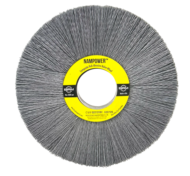 BRM 8" x 1" Composite Hub Nylon Abrasive Wheel 120 Grit .022" Bristle