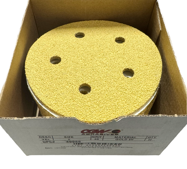 CGW 5" Hook & Loop Sanding Discs 5 Hole Gold 40 Grit Aluminum Oxide 50 Pack