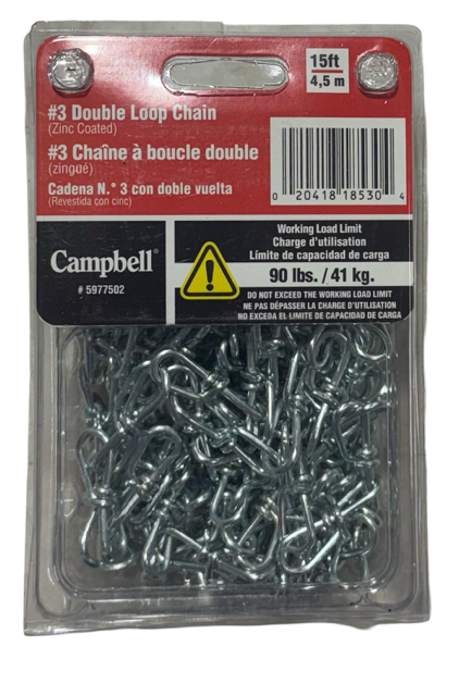 Campbell #3 Double Loop Chain 15ft, 90 lbs/41kg USA Made