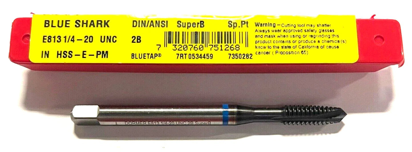 Dormer 1/4-20 Machine Tap HSS-E-PM Spiral Point Plug Tap Blue Ring 3FL H5 2.5xD
