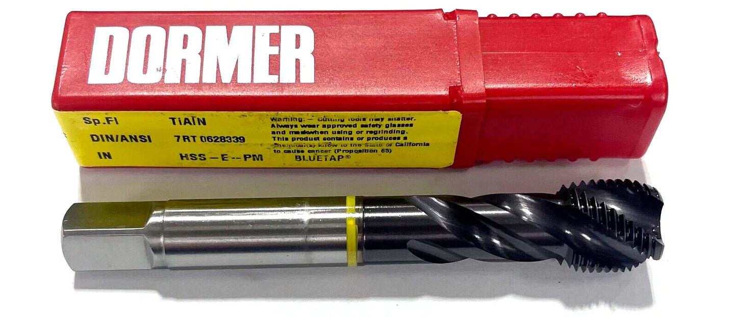 Dormer 5/8-18 HSS-E-PM Spiral Flute Semi-Bottoming Tap TiAlN 4FL H5 Yellow Ring