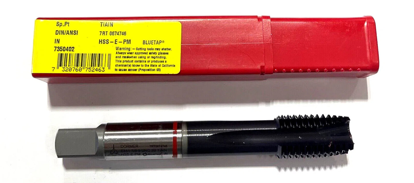 Dormer 7/8"-9 HSS-E-PM Spiral Point Tap TiAlN Coating 4 Flute Plug Tap Red Ring