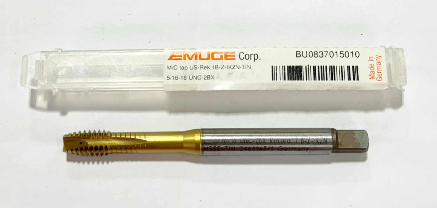 EMUGE 5/16"-18 UNC-2BX Cobalt Spiral Point Tap 4FL Tin Coated Coolant Thru